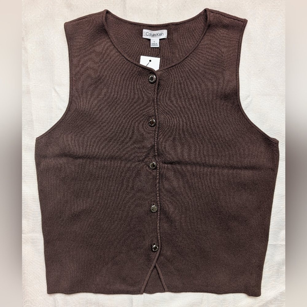 Calvin Klein Brown Knit Sweater Vest Button Front Sleeveless Size L - Picture 5 of 14
